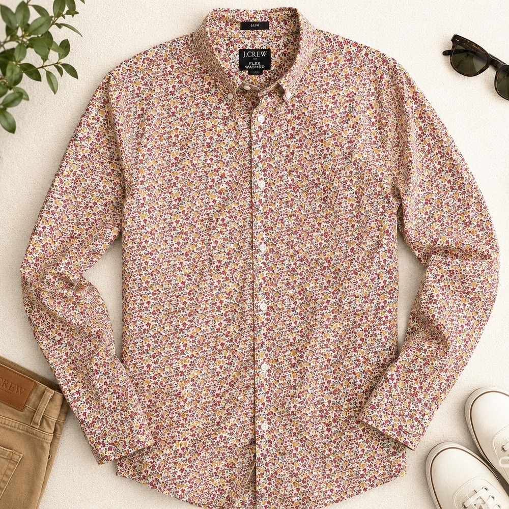 J.Crew Slim Flex Washed Floral Button Down Shirt Men's Medium - Picture 2 of 10